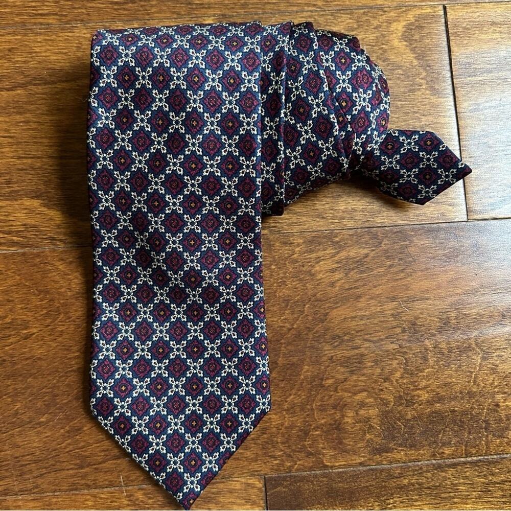 Posh Newport Beach Vintage Red & Blue Geometric Silk Tie, Hand Printed in Italy